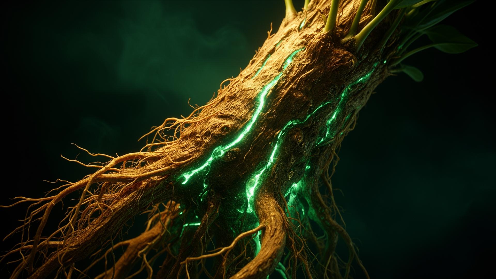 Iboga root with bioluminescent veins, the source of ibogaine