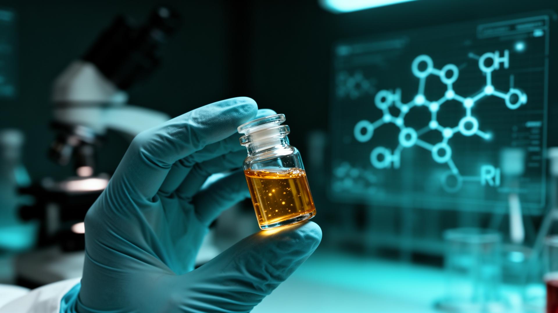 Researcher examining a vial of iboga alkaloid extract